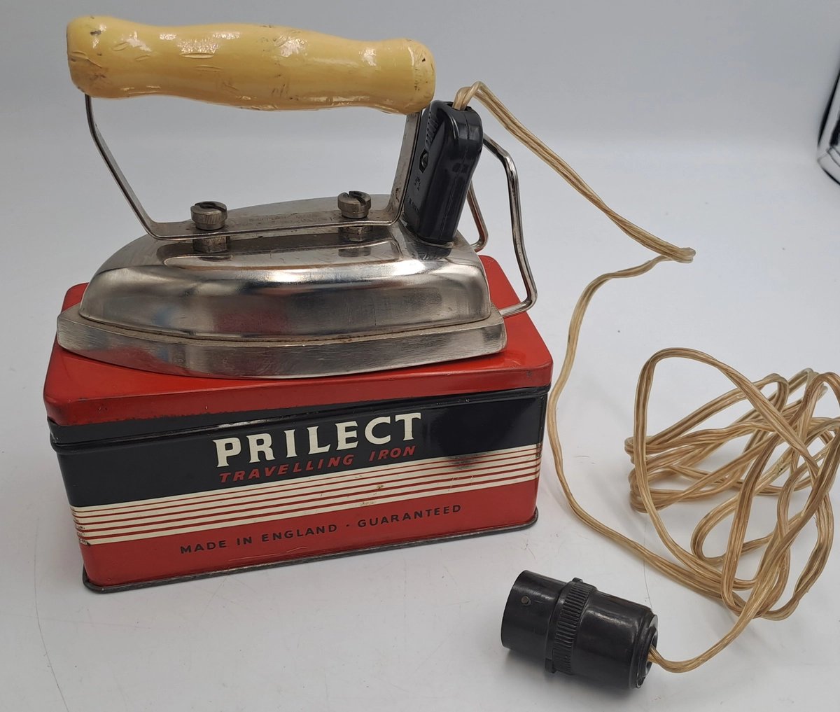 Vintage 1950's PRILECT Travelling Iron in Original Tin Box Cord and Plug