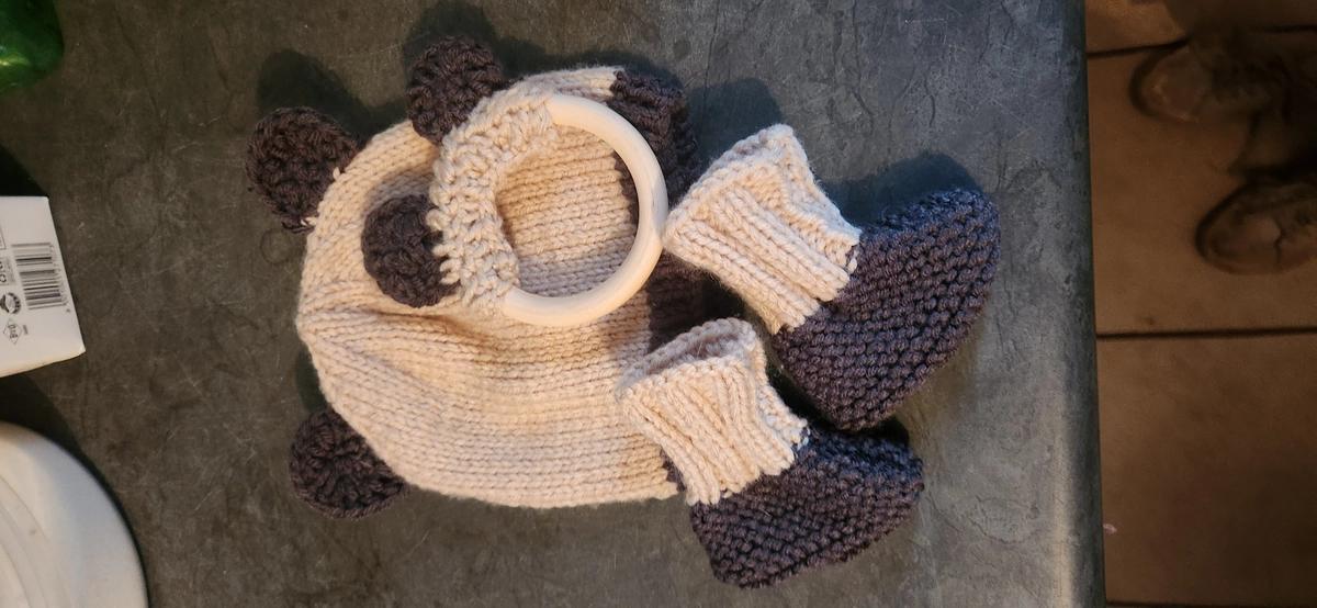 Bear eared beanie and bootie and baby rattle set