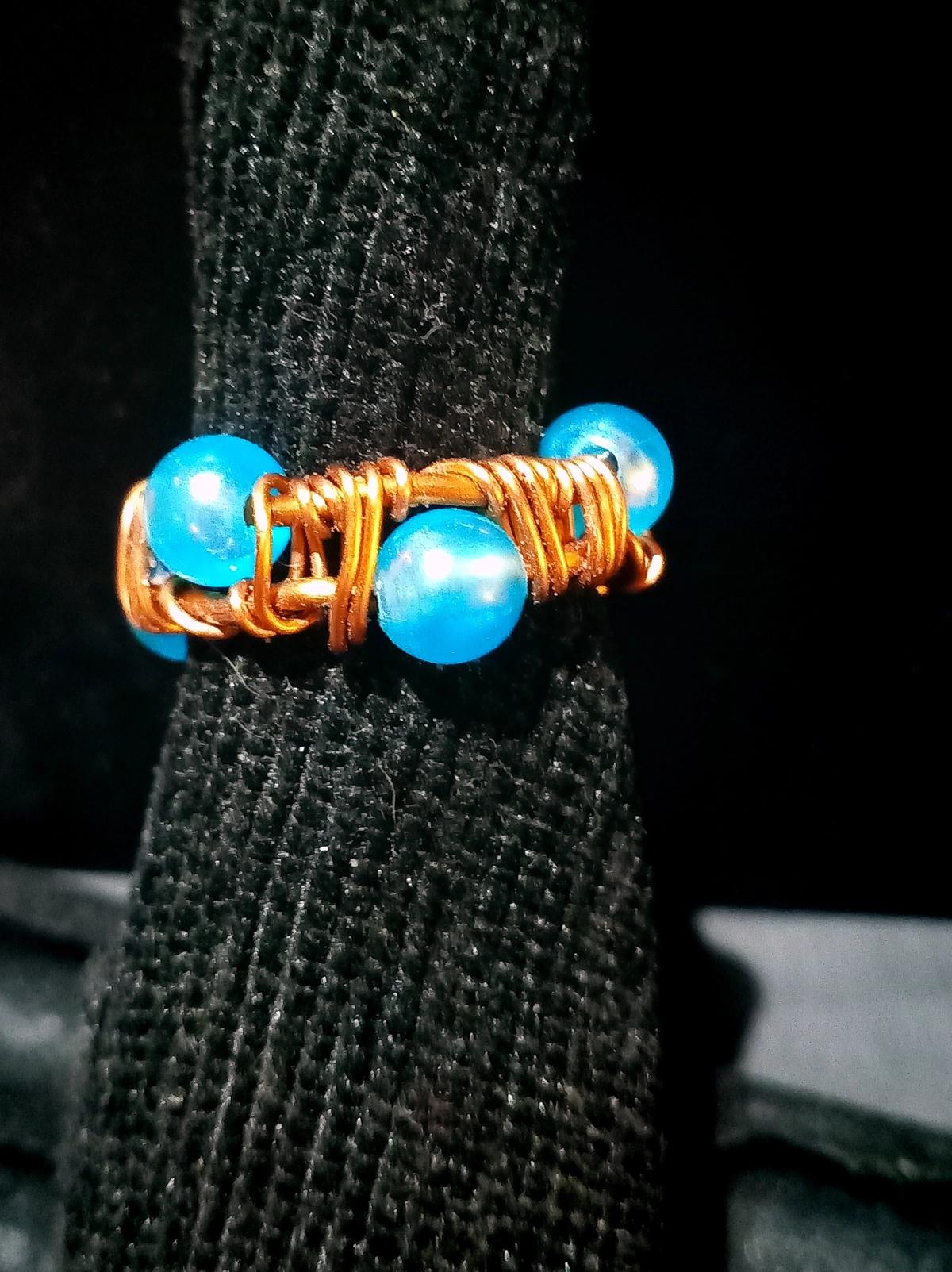 Ring - Copper - wrapped wire and blue beads