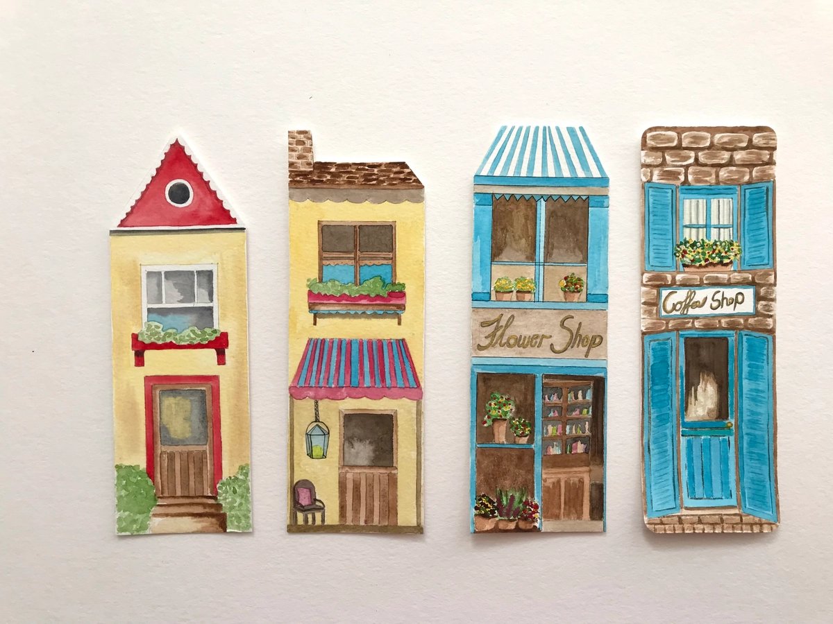 4 Hand made artsy house bookmarks